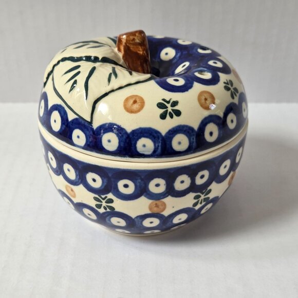 Boleslawiec Polish Pottery Peacock Blue Apple Baker Covered Dish Decor ONLY READ - Picture 2 of 11